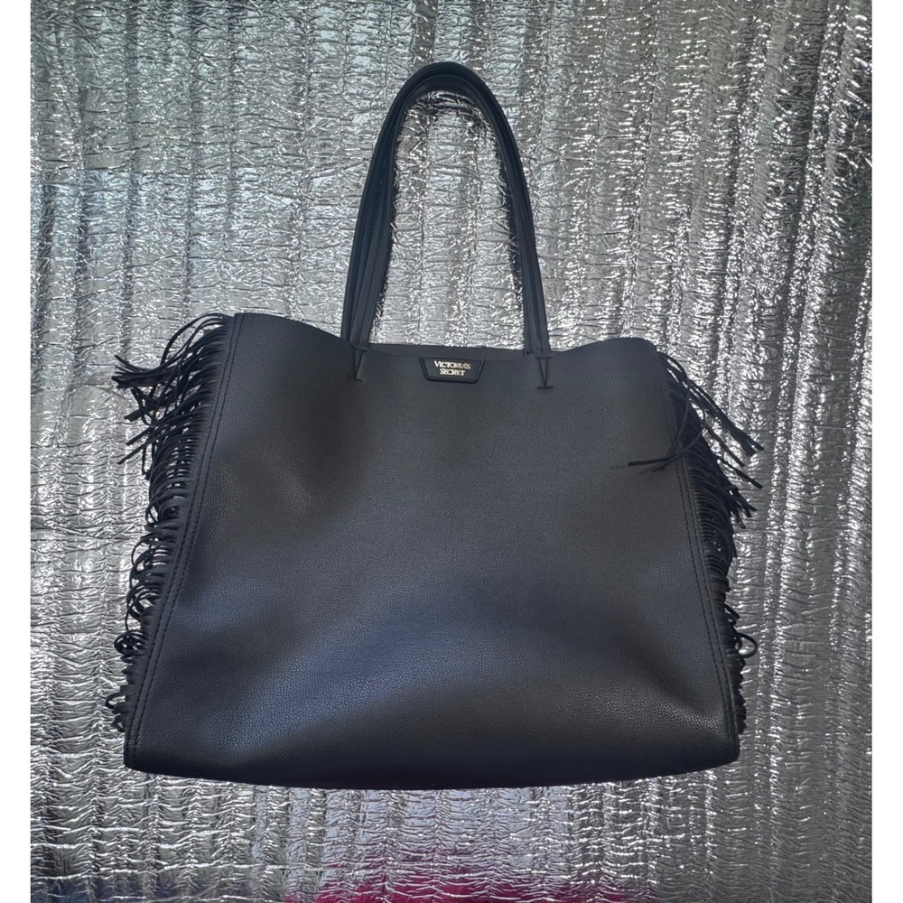 Victoria's Secret Flirty Fringe Tote Bag Black Faux Leather Limited Edition